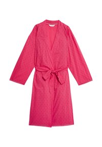Accappatoio rosa a maniche lunghe realizzato in morbido tessuto, con design avvolgente, cintura da annodare e un piccolo motivo a pois su tutta la superficie.