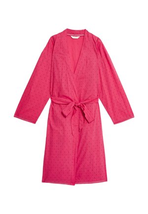 Accappatoio rosa a maniche lunghe realizzato in morbido tessuto, con design avvolgente, cintura da annodare e un piccolo motivo a pois su tutta la superficie.