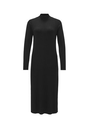 Schwarzes geripptes langärmliges Kleid mit hohem Kragen, das eine taillierte Silhouette hat und bis zur Mitte der Wade reicht. Glatte Textur, keine sichtbaren Muster.