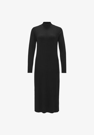 Zwart geribbeld jurkje met lange mouwen en een hoge halslijn, met een aangesloten silhouet dat tot halverwege de kuit reikt. Glad oppervlak, zonder zichtbare patronen.