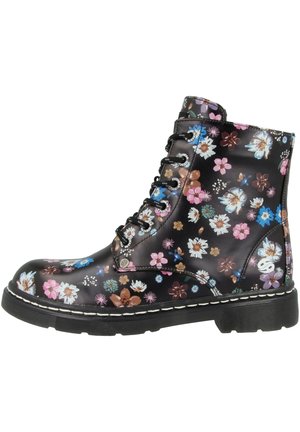 Schwarzer Schnürstiefel bis zum Knöchel mit mehrfarbigem Blumenmuster, dicker Sohle, weißen Nähten und abgerundeter Spitze.