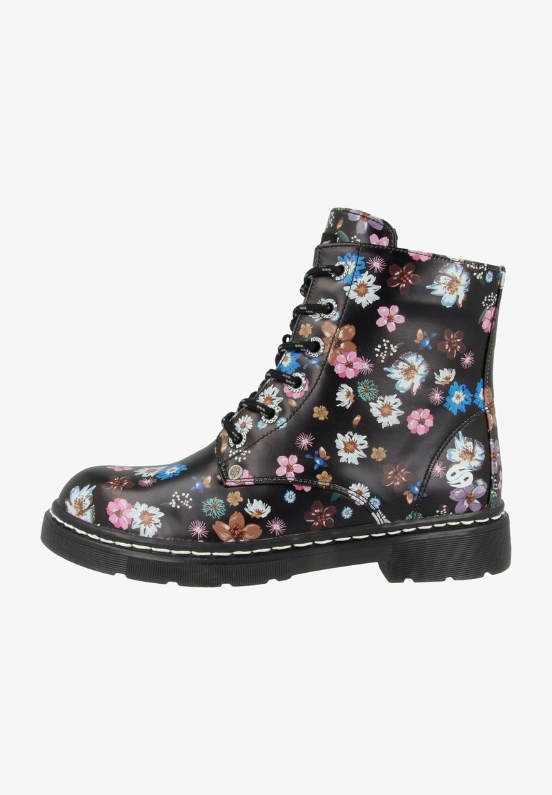Bottine noire à lacets avec motif floral multicolore, semelle épaisse, coutures blanches et bout arrondi.