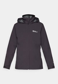 Men's waterproof jacket in dark grey, featuring a front zip, adjustable hood, and logo detail on the left chest. Smooth texture, tailored fit.