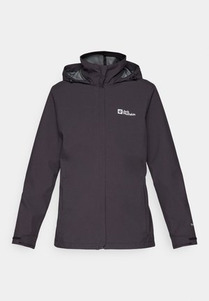 Men's waterproof jacket in dark grey, featuring a front zip, adjustable hood, and logo detail on the left chest. Smooth texture, tailored fit.