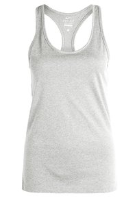 Harmaa Dri-Fit-hihaton paita, jossa on urheilullinen selkäosa, valmistettu sileästä kankaasta. Paita sisältää pyöreän kaula-aukon, eikä siinä ole näkyvää tarvikkeita tai kuvioita.