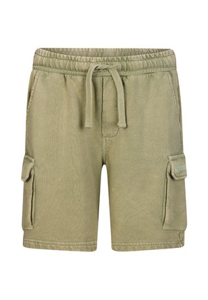 Pantaloncini cargo kaki con cintura elastica, coulisse, tasche laterali con pattina e tasche frontali inserite, realizzati in tessuto morbido.