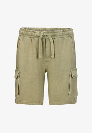 Khaki krótkie spodenki typu cargo z elastycznym pasem, sznurkiem do ściągania, bocznymi kieszeniami z klapkami oraz przednimi kieszeniami wszytymi, wykonane z miękkiego materiału.