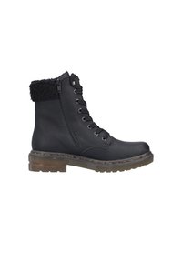 Schwarze Knöchelstiefel mit einem strukturierten schwarzen Kunstfellbund, Schnürung vorne, Seitenreißverschluss, robusten Sohle und verstärkten Nähdetails.