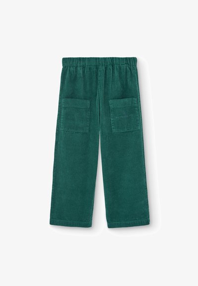Grüne Cordhosen mit weit geschnittenem Bein, ausgestattet mit zwei Vordertaschen und einem strukturierten Rippmuster. Elastischer Taillenbund für zusätzlichen Komfort.