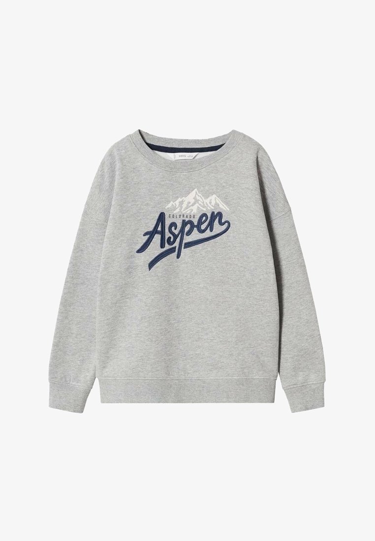 Sweatshirt gris clair à manches longues, avec le texte "Aspen" en bleu marine et un graphique de montagne au-dessus du mot "Colorado" sur la poitrine.