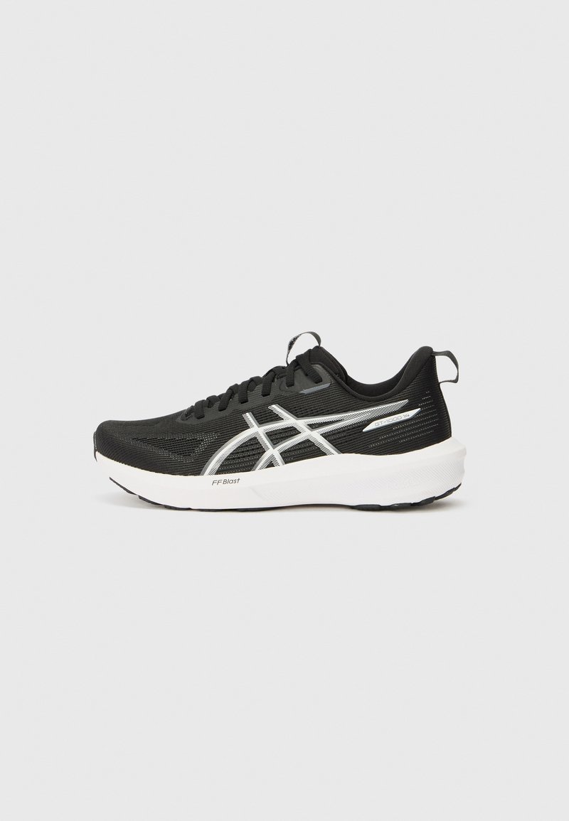 Black athletic shoe with mesh upper, white sole, reflective accents, and textured pattern on sides. Features laces and heel tab for support.