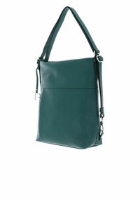 Sac bandoulière en cuir bleu sarcelle avec surface texturée, bandoulière réglable et garnitures métalliques. Comprend une poche avant et un design minimaliste.