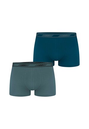 Zwei Herrenboxershorts in uni Türkis und Dunkelblau mit schwarzen elastischen Bundbändern und diagonalen Streifenmustern.