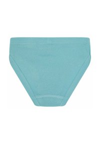 Helle blaue Baumwollunterhose mit glatter Textur, die über elastische Beinöffnungen und einen elastischen Bund verfügt, in klassischer Unterhosenform.