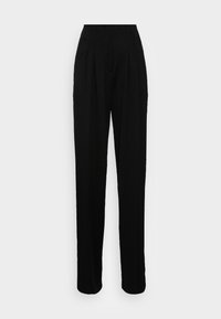 Zwarte, high-waisted broeken met een losse pasvorm, met plooien, zijzakken en een gladde stofstructuur. Op maat gemaakt ontwerp voor een formele uitstraling.
