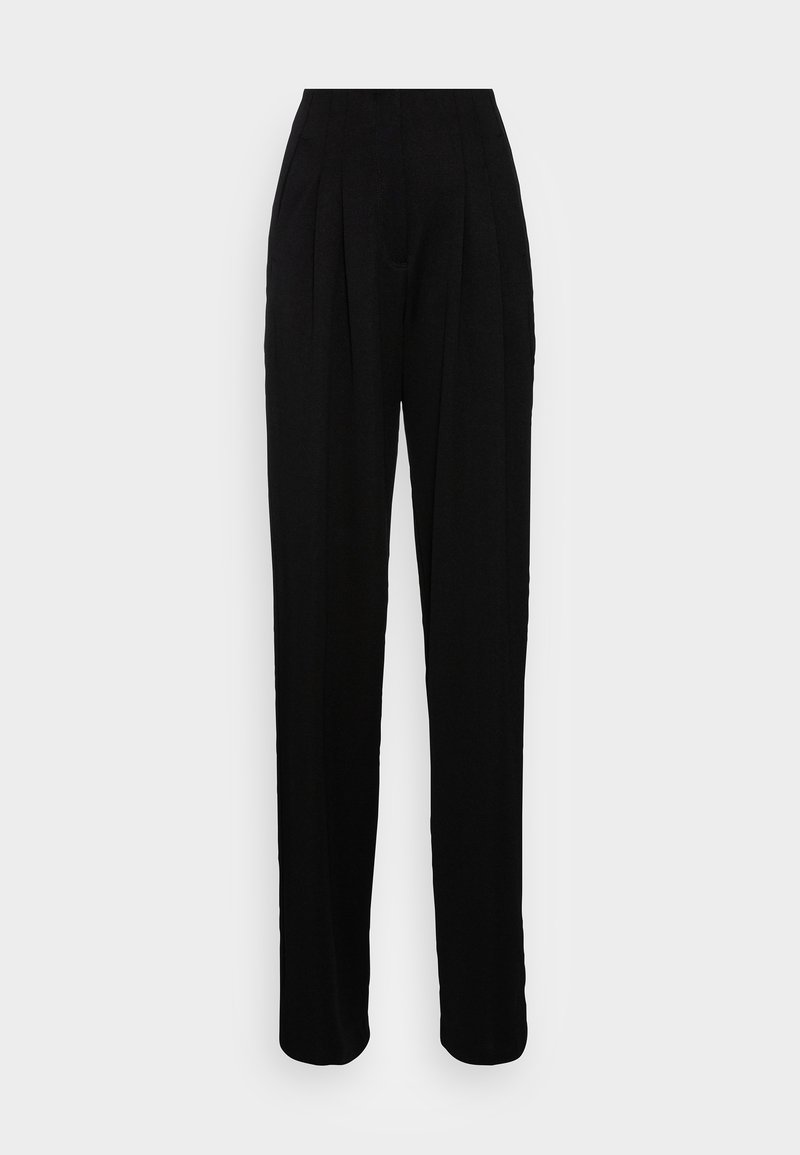 Zwarte, high-waisted broeken met een losse pasvorm, met plooien, zijzakken en een gladde stofstructuur. Op maat gemaakt ontwerp voor een formele uitstraling.