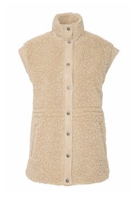 Beige ärmellose Weste aus flauschigem, strukturiertem Fleece mit gepolstertem Kragen und Druckknopfverschluss, ausgestattet mit zwei Seitentaschen.
