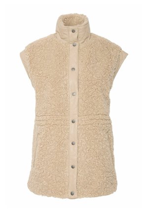 Gilet senza maniche beige realizzato in morbido pile testurizzato, con colletto imbottito e chiusura con bottoni a pressione, dotato di due tasche laterali.