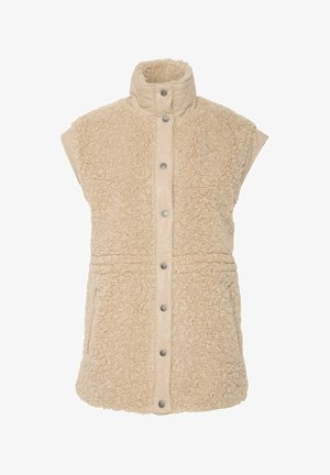 Beige ärmellose Weste aus flauschigem, strukturiertem Fleece mit gepolstertem Kragen und Druckknopfverschluss, ausgestattet mit zwei Seitentaschen.