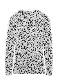 Langärmliges Oberteil mit schwarzem Grund und weißem Blättermuster. Hergestellt aus leichtem Stoff mit glatter Textur und tailliertem Design.