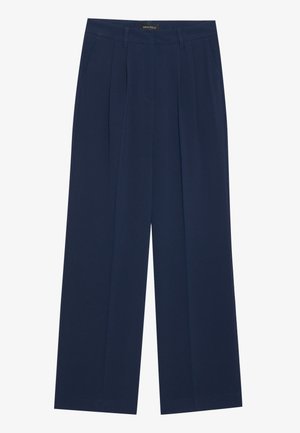 Marineblaue weit geschnittene Hosen aus glattem Stoff, mit zwei Fronttaschen und vorderen Falten, mit geradem Schnitt und sauberen Säumen.