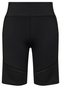 Zwarte sportshorts gemaakt van gladde stof, met een hoge tailleband en geperforeerde details aan de zijkant voor ventilatie.