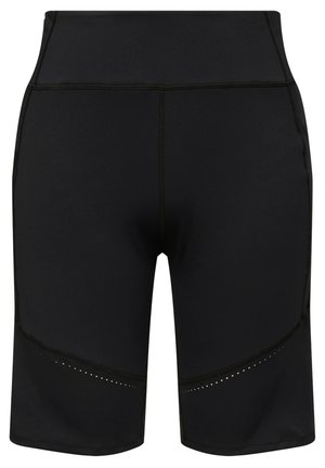 Zwarte sportshorts gemaakt van gladde stof, met een hoge tailleband en geperforeerde details aan de zijkant voor ventilatie.