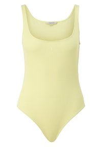 Gelbes, geripptes Einteiler-Badeanzug mit Rundhalsausschnitt, dünnen Trägern und enger Passform. Verfügt über ein kleines Logo auf der Vorderseite.