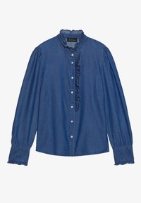 Jeansskjorte i mørkeblå med lange puffermer, rynket krage og frontbånd med fem knapper. Uthevet med volangdetaljer.