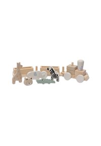 Train en bois pour enfants comprenant des blocs en forme d'animaux : girafe, zèbre, éléphant et crocodile. Bois naturel avec des accents et des détails en pastels.