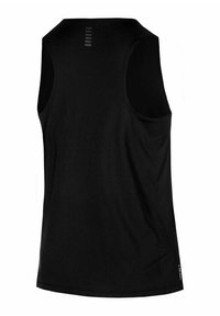 Schwarzes sportliches Tanktop mit rundem Halsausschnitt, ärmellosem Design, atmungsaktiver perforierter Textur und kleinem Logo an der Seite.