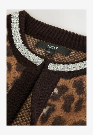 Textured brown and black leopard print cardigan featuring a wide, embellished collar with clear beads. Label reads "NEXT."