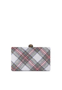 Torebka kopertówka z koralikami w kratę w kolorach czerwonym, szarym i białym. Metalowy zamek z dekoracyjnym detalem na górze. Prostokątny kształt.