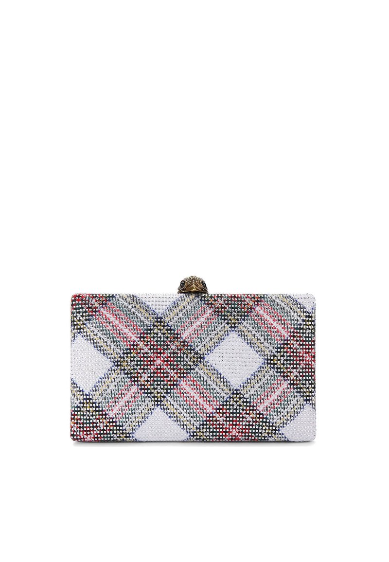 Torebka kopertówka z koralikami w kratę w kolorach czerwonym, szarym i białym. Metalowy zamek z dekoracyjnym detalem na górze. Prostokątny kształt.