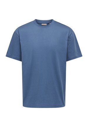 Herre plain blå T-shirt med korte ærmer og rund hals med afslappet pasform og lille mærke indvendigt i kraven.
