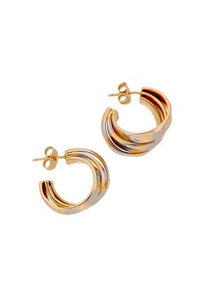 Gold and silver twisted hoop earrings with post backs, displaying a shiny, curved, layered design.