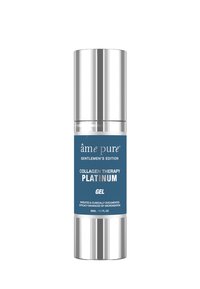 Collagen Therapy Platinum gel i en sølv- og blå lufttæt pumpeflaske, 30 mL/1.1 fl oz, har et slankt design med en glat tekstur og klar etikettering.
