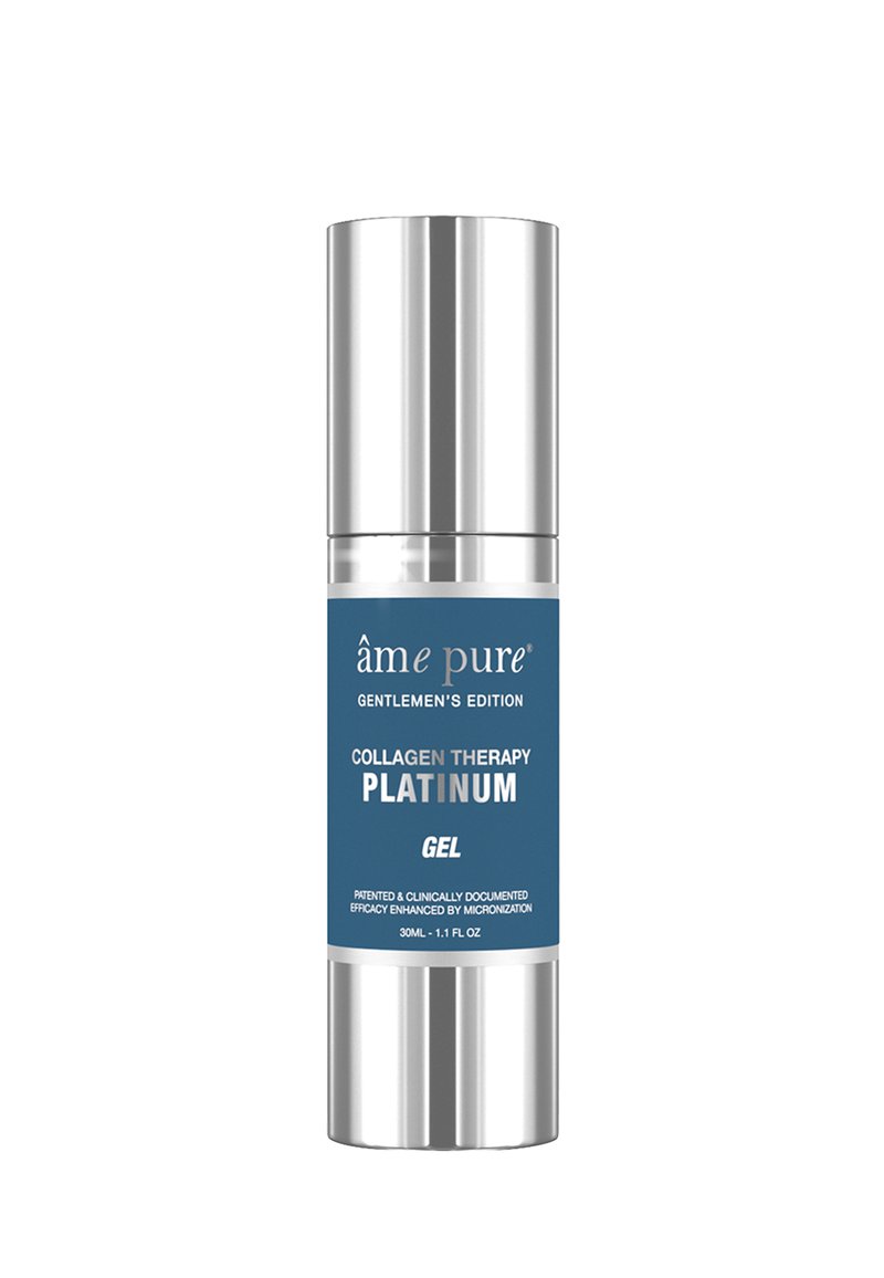 Collagen Therapy Platinum gel i en sølv- og blå lufttæt pumpeflaske, 30 mL/1.1 fl oz, har et slankt design med en glat tekstur og klar etikettering.