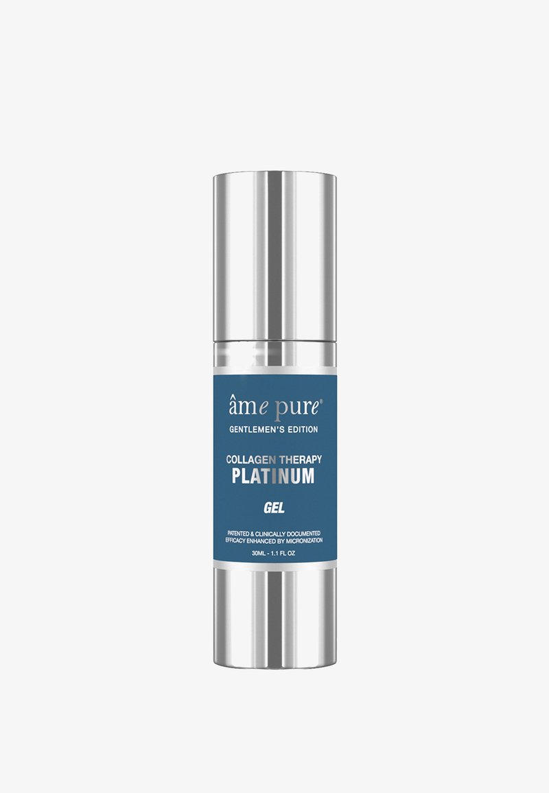 Collagen Therapy Platinum gel i en sølv- og blå lufttæt pumpeflaske, 30 mL/1.1 fl oz, har et slankt design med en glat tekstur og klar etikettering.