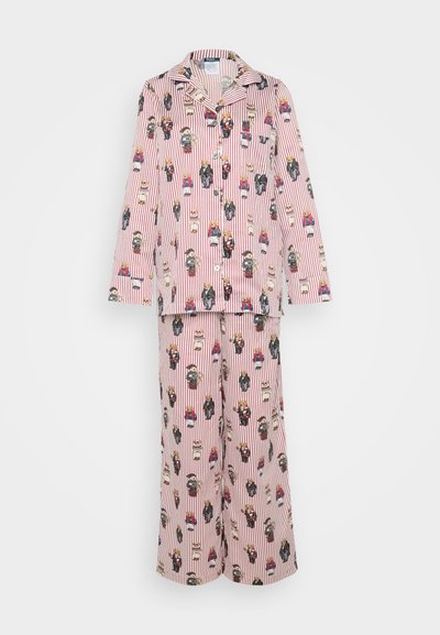 Long-sleeve pajama set in light pink with vertical red and white stripes, featuring a playful pattern of cartoon characters and buttons.