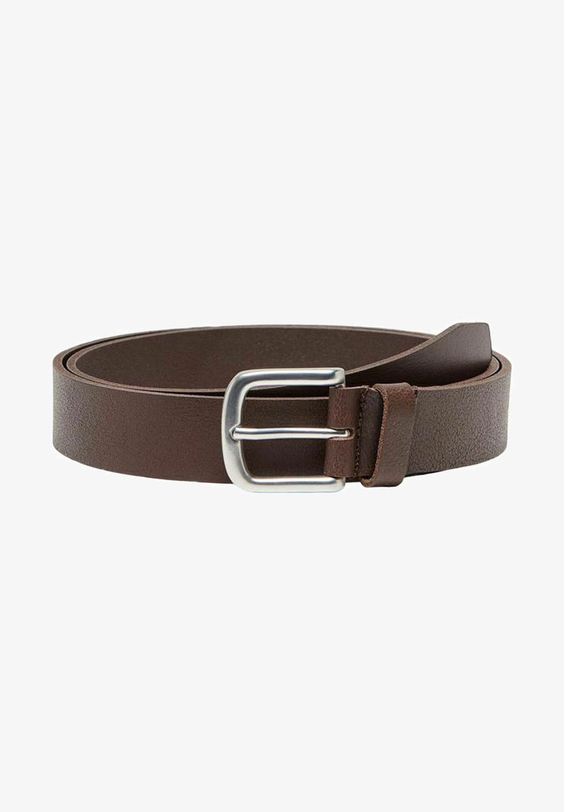 Brown leather belt with a smooth texture, adjustable length, and a silver metal buckle. Features a classic design and a single keeper loop.