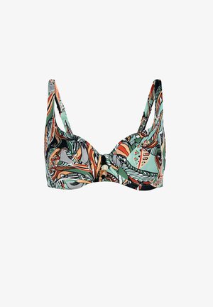 Biustonosz bikini z fiszbinami i regulowanymi ramiączkami, zdobiony wielokolorowym, abstrakcyjnym wzorem liści w odcieniach zieleni, pomarańczu, czerni i beżu.