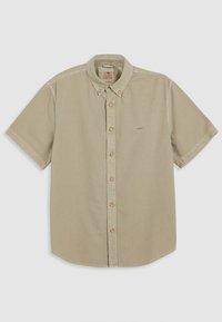 Short-sleeve beige button-up shirt featuring a pointed collar, fabric texture, and eight buttons down the front with branded embroidery.