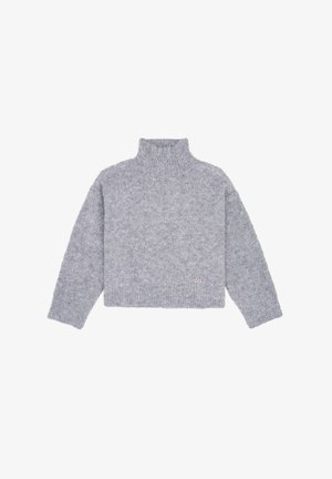 Light gray fuzzy cropped sweater with long sleeves and a high ribbed neck, featuring a small white "WB" logo near the hem.