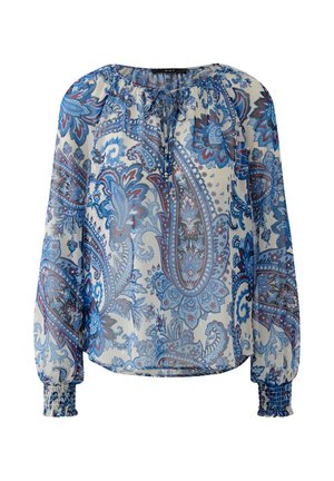 Transparante blouse met lange mouwen, voorzien van een blauw en rood paisley-patroon, elastische manchetten en een strikdetail bij de geplooide ronde halslijn.