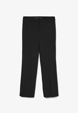 Pantalons noirs à jambes droites en tissu doux, avec une taille lisse et sans fermetures ou motifs visibles.