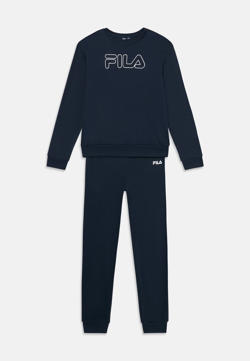 Navy blue Fila tracksuit featuring a long-sleeve top with a white logo and matching pants, made of soft fabric with ribbed cuffs.
