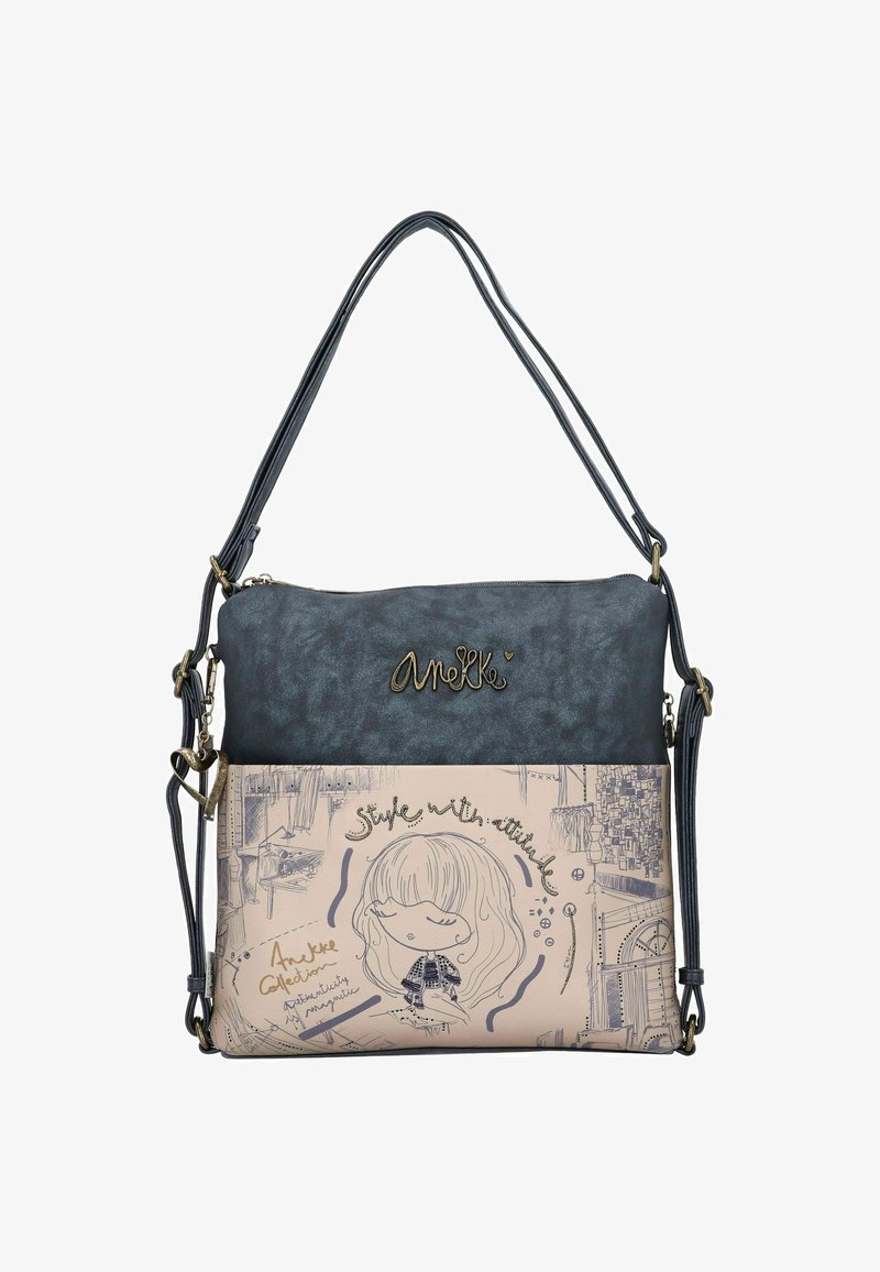 Mehrfarbige Schultertasche mit einem dunkelblauen Oberteil, beiger unterer Sektion, die ein illustriertes Design zeigt, und Beschlägen in goldfarbener Ausführung.