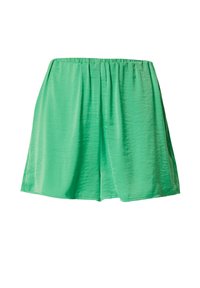 Grüne, leichte Shorts aus einem glatten Stoff. Sie verfügen über einen elastischen Bund und einen lockeren Schnitt ohne Taschen oder Verzierungen.