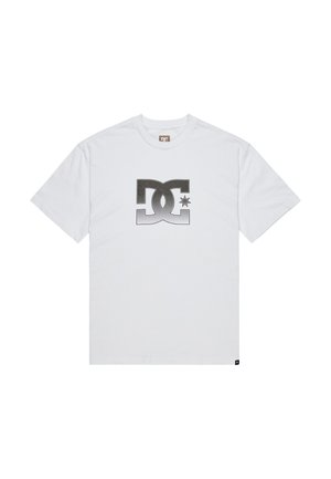 White cotton t-shirt featuring a large black DC logo with a star. Short sleeves and a crew neck design, with a small brand tag at the hem.